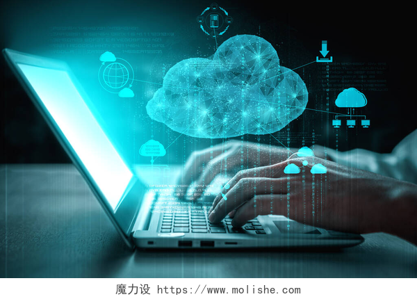 男人用电脑工作云计算技术和在线数据存储为企业网络的概念.计算机连接到Internet服务器服务，用于三维未来主义图形界面中的云数据传输.